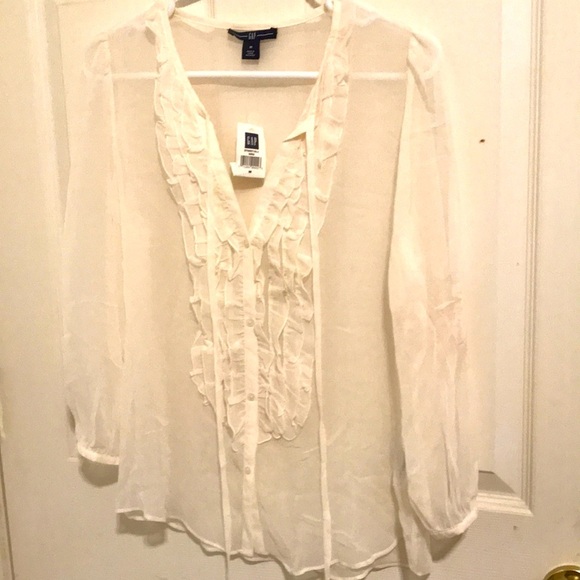 GAP LONG SLEEVE IVORY RUFFLED FRONT VNECK BUTTON DOWN SUPER SHEER BLOUSE SIZE M - Picture 5 of 6